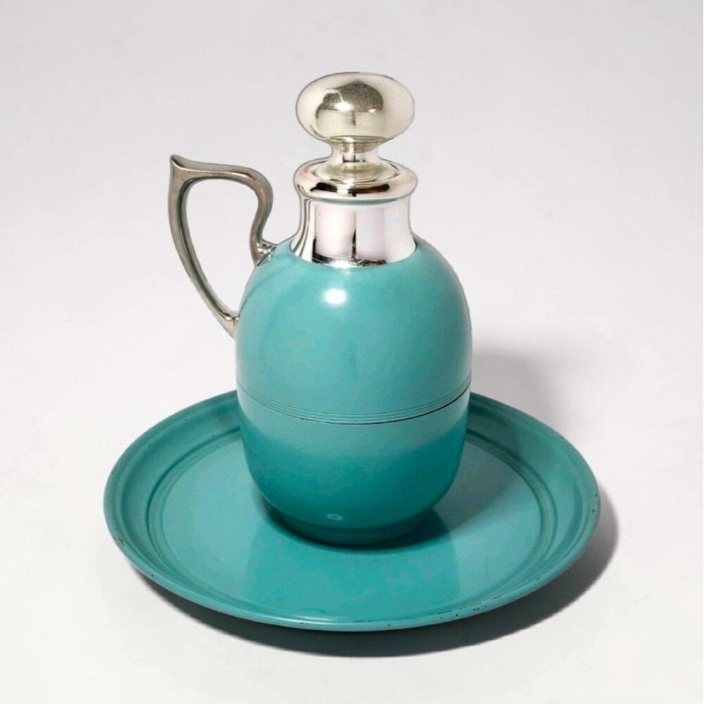 Vintage Manning Bowman Art Deco Turquoise Thermos Pitcher Tray Glass Chrome 416F